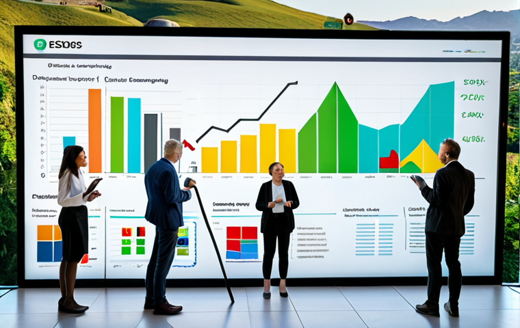 **

Prompt: "Sustainable investing concept. A diverse group of people examining a digital display showing charts and graphs with ESG icons (Environment, Social, Governance). Background shows a cityscape blending into a natural landscape. Bright, optimistic colors."

**