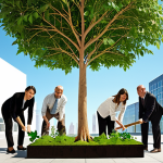 ** A diverse group of people planting trees together under a clear blue sky, symbolizing sustainable growth and a commitment to environmental responsibility in ESG investing. Include some modern buildings in the background to represent the intersection of business and sustainability.

**
