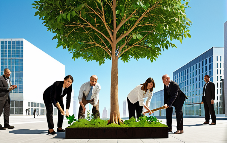 ** A diverse group of people planting trees together under a clear blue sky, symbolizing sustainable growth and a commitment to environmental responsibility in ESG investing. Include some modern buildings in the background to represent the intersection of business and sustainability.

**