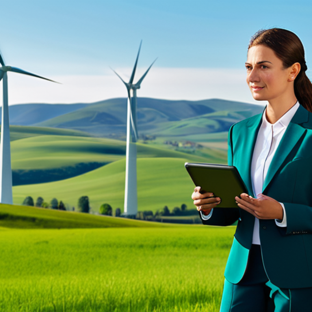 Sustainable Businesswoman**

"A professional businesswoman in a modest, tailored business suit, standing confidently in front of a large wind farm. Background shows a bright, sunny sky and green rolling hills. She is holding a tablet displaying ESG performance data. Fully clothed, appropriate attire, safe for work, perfect anatomy, natural proportions, professional, high quality."

**