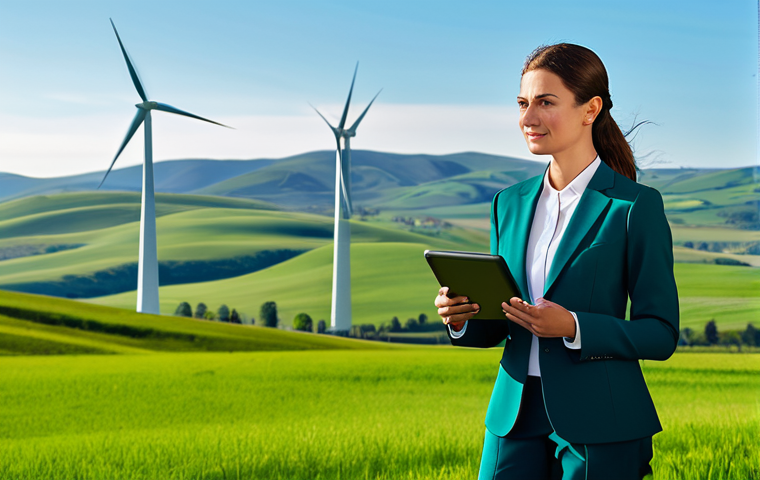 Sustainable Businesswoman**
"A professional businesswoman in a modest, tailored business suit, standing confidently in front of a large wind farm. Background shows a bright, sunny sky and green rolling hills. She is holding a tablet displaying ESG performance data. Fully clothed, appropriate attire, safe for work, perfect anatomy, natural proportions, professional, high quality."
**