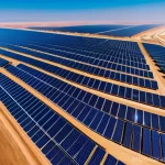 ESG 투자 시나리오 분석 - **A panoramic view of a massive, state-of-the-art solar farm stretching across a golden desert lands...