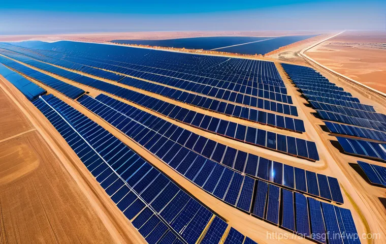 ESG 투자 시나리오 분석 - **A panoramic view of a massive, state-of-the-art solar farm stretching across a golden desert lands...