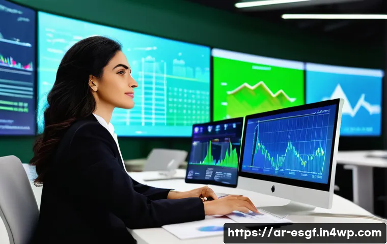 ESG 포트폴리오 구성 시 자주 발생하는 실수 - A professional Middle Eastern businesswoman in formal attire, seated at a modern office desk with mu...
