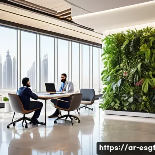 ESG 투자와 시민 참여의 중요성 - A modern Middle Eastern corporate office interior during daytime, showcasing a diverse group of prof...