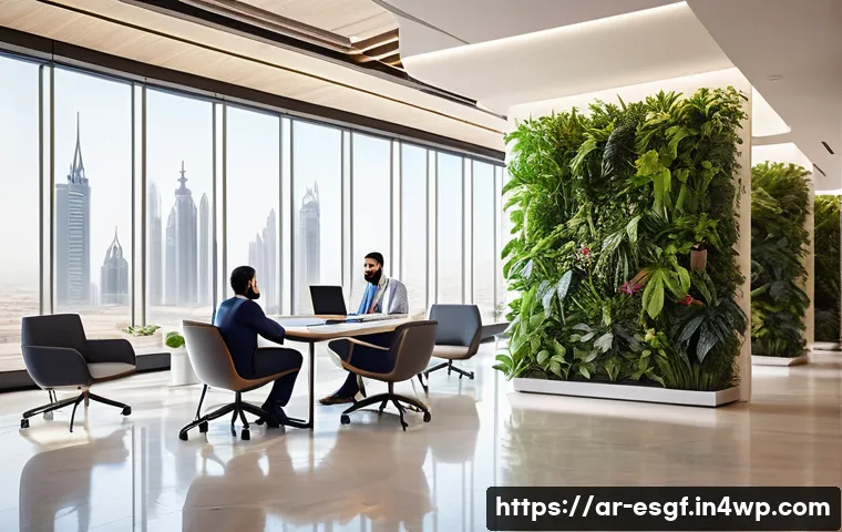 ESG 투자와 시민 참여의 중요성 - A modern Middle Eastern corporate office interior during daytime, showcasing a diverse group of prof...