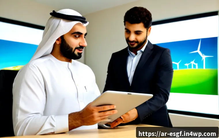 Home 17 ESG 투자 및 지속 가능성 보고서 작성법 - Photorealistic ESG investment consultation in a modern Gulf-region office, Arab financial advisor in...