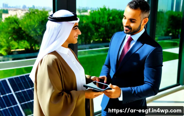 ESG 투자와 고객 중심의 접근 - Photorealistic Gulf Arab financial advisor in modest business attire meeting a diverse adult client ...