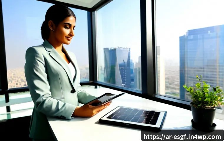 ESG 투자에 대한 글로벌 동향 - Photorealistic Gulf Arab investment professional in modest business attire reviewing a sustainable g...